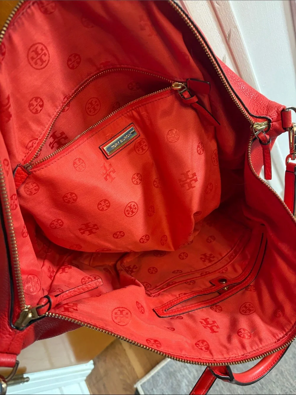 Tory Burch Red Leather Pebbled Tote with Detachable Strap